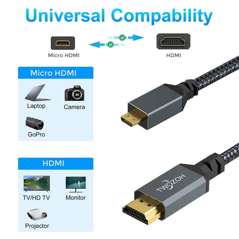 Twozoh كابل Micro HDMI إلى HDMI بطول 6.6 قدم 2 حزمة، كابل Micro HDMI مضفر من النايلون يدعم 3D/4K@60Hz 18Gbps/2160P/1080P لكاميرات GoPro Hero7/8/9 و Raspberry Pi 4 - Image 5